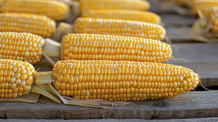 Fresh corn cobs arranged wooden surface, showcasing vibrant yellow kernels and natural textures, evoke sense of harvest joy