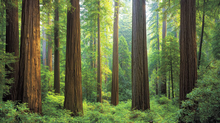 serene redwood forest with tall trees and lush greenery, creating peaceful atmosphere
