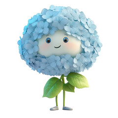 Obraz premium Cute character inspired by blue hydrangea with a friendly expression and leafy limbs, perfect for children's stories or animations