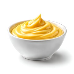 A bowl of smooth, creamy yellow cheese sauce, perfect as a nacho cheese dip or condiment, isolated on a clean white background