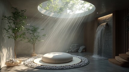 A tranquil meditation space with a circular skylight flooding sunlight onto a comfortable round cushion below