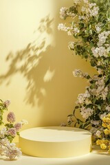 Fototapeta premium Floral display with soft shadows, pastel colors, circular pedestal, and botanical elements for product presentation.