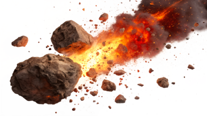 Volcanic eruption with rocks and debris bursting into flames
