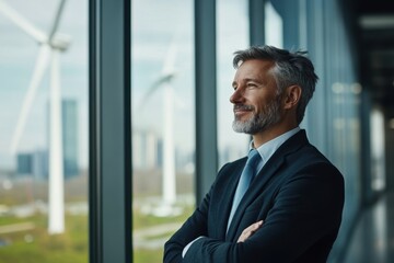 Fototapeta premium Confident Businessman Overlooking Wind Turbines Through Office Window.