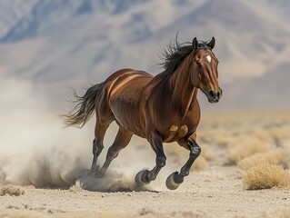 Obraz premium A dynamic image of a brown horse galloping across a dusty plain with mountains in the background.