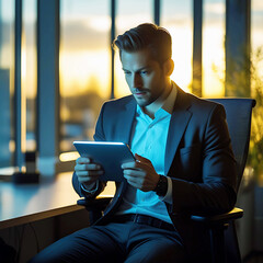 Focused Young Professional Working on Tablet at Sunset in Office