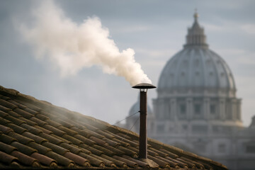 White smoke rises from the chapel chimney, indicating the successful election of a new pope during the papal conclave.