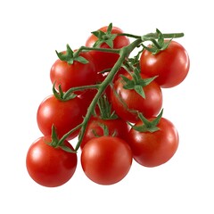 A cluster of fresh, ripe cherry tomatoes still attached to the vine, isolated against a clean white background