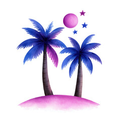 Vibrant watercolor illustration of palm trees under a colorful sky. isolated against a transparent background.