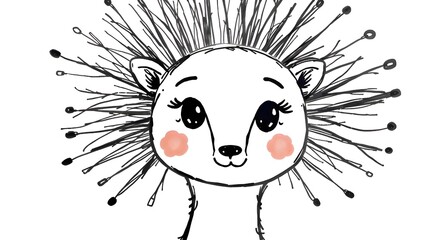 Hand-drawn sketch, color sketchnote style, adorable cute charming features, abstract black and white portrait head exploding branch pattern