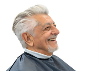 Senior man smiling during haircut at salon with bright lighting