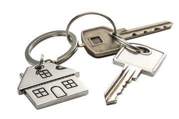 House keys on a keychain with a house shaped charm and a standard key