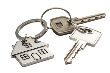 House keys on a keychain with a house shaped charm and a standard key