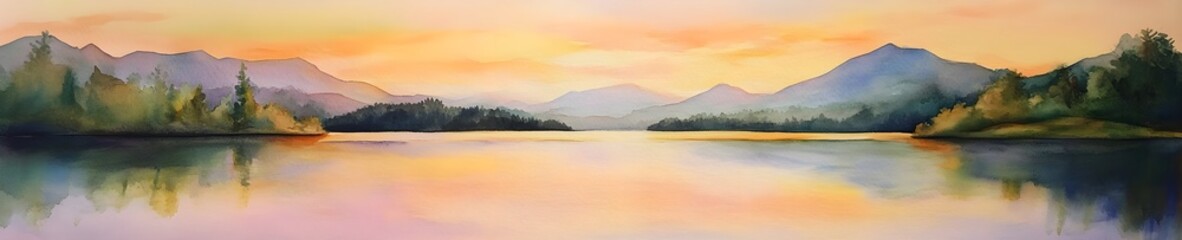 Serene Mountain Lake at Sunset in Watercolor, Generative AI
