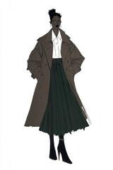 Illustration of a woman in stylish outerwear, skirt, and heels against a white backdrop in fashion sketch.