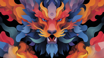 Vibrant lion illustration with colorful abstract shapes and fierce expression, showcasing artistic creativity and bold design