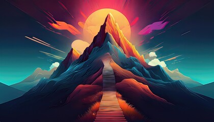 Vibrant Pathway Leading to the Summit of an Otherworldly Mountainscape, Shrouded in Mystical Hues and Textures, Inviting Adventurers on a Journey Through Dreamscapes.