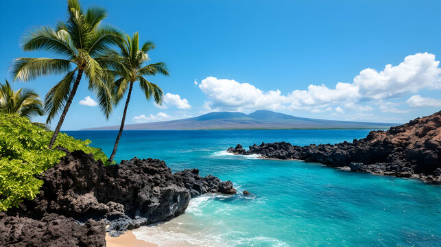 Picturesque tropical seascape of Maui coastline with palm trees and turquoise waters