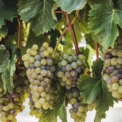 The image depicts a realistic group of green grapes hanging from a vine, adorned with lush green leaves, high detail, natural lighting, and a white background.