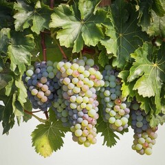The image depicts a realistic group of green grapes hanging from a vine, adorned with lush green leaves, high detail, natural lighting, and a white background.