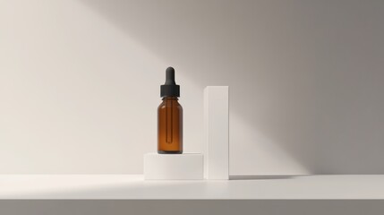 Amber serum bottle, white box, sunlit studio.  Product packaging mockup