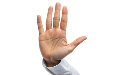 Hand raised in gesture of pause or stop against white background