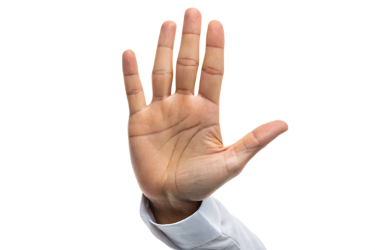 Hand raised in gesture of pause or stop against white background