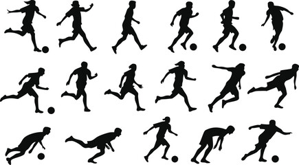 Silhouettes, running figures, dynamic poses, black and white, athletic movement, sprinting, diverse running styles, action sequence, side view, multiple figures, minimalist design, high contrast, moti