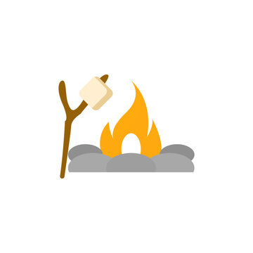 recommend clip art: campfire icon, roasting marshmallows on a stick, camping on a white background, vector illustration