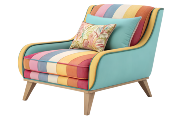 Cozy armchair with colorful stripe upholstery and decorative pillow