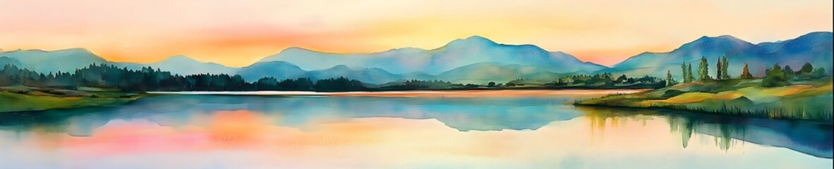 Serene Mountain Lake at Sunset in Watercolor, Generative AI