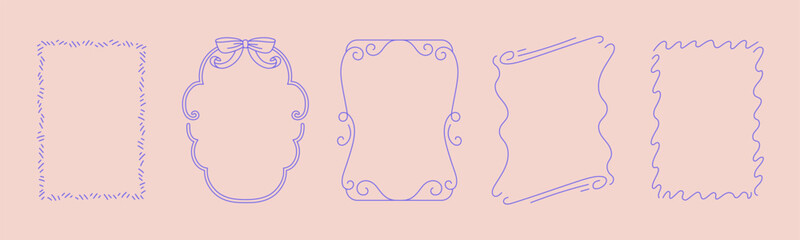 Collection of doodle hand drawn trendy frames with wavy lines, bows and ribbons. Minimalist line art for birthday, christmas, wedding Invitations.