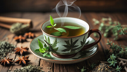 Herbal tea for intestines health in a ceramic mug: fennel seeds, ginger root, chamomile flowers, honey, clean wellness background, cozy light, functional medicine