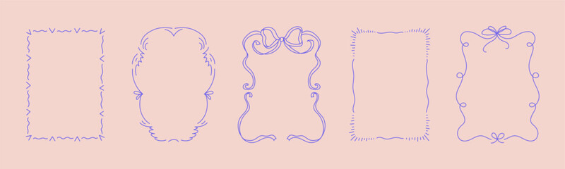 Collection of doodle hand drawn trendy frames with wavy lines, bows and ribbons. Minimalist line art for birthday, christmas, wedding Invitations.