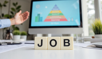 Job recruitment concept with workspace elements and desk setup for headhunting and employment strategies