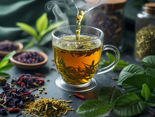 Herbal infusion poured into glass cup, visible steam, dried herbs and fresh leaves, eco-friendly environment, detoxification, functional medicine, wellness, natural healing