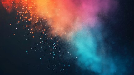 Naklejka premium Colorful powders are explosively released into the air, forming a vivid cloud of hues in a festive environment. The event takes place outdoors during a warm sunset, enhancing the atmosphere