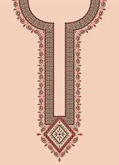 Geometric and floral tribal embroidery pattern for a Boho-Chic Kurta neckline. Features symmetrical motifs inspired by Southeast Asian hill tribe designs in an ethnic fashion style.