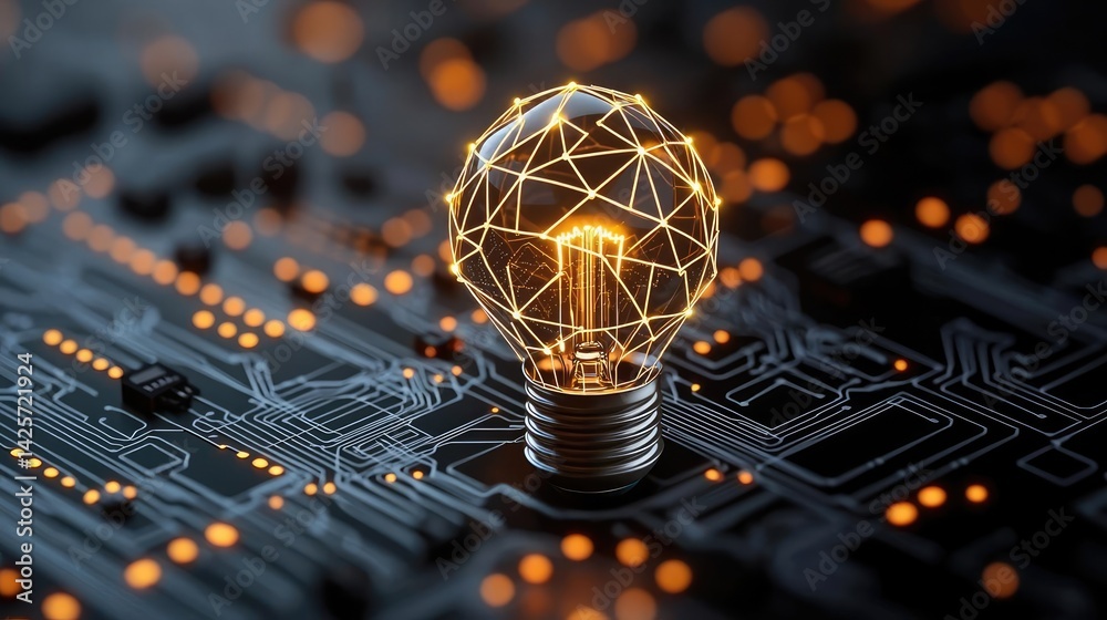 Poster polygon lightbulb showing technology-driven lamp concept. innovative light bulb on a circuit board r