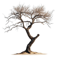 Barren twisted tree stands alone in a desolate landscape during a clear day