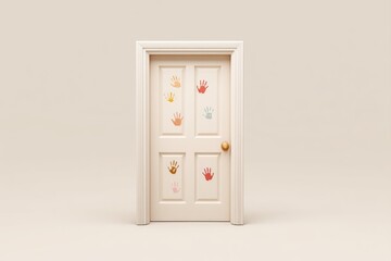 Symbolic Closed Door Adorned With Colorful Handprints Conveying a Message of Hope and Creativity in a Serene Environment