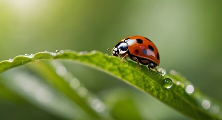 Naklejka premium Ladybird on a leaf and green background