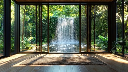 A yoga room surrounded by sliding glass doors opening to an enclosed garden