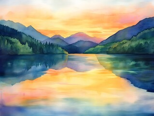 Serene Mountain Lake at Sunset in Watercolor, Generative AI