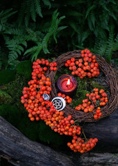 burning magic candle and wiccan amulets, ripe rowan tree berries in forest. Magic, Witchcraft,...
