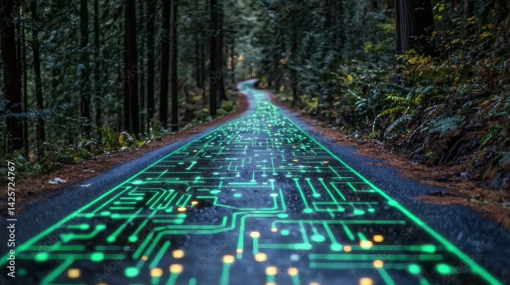 Poster glowing bicycle path shaped like a green energy circuit board conceptual photography stock photo wit