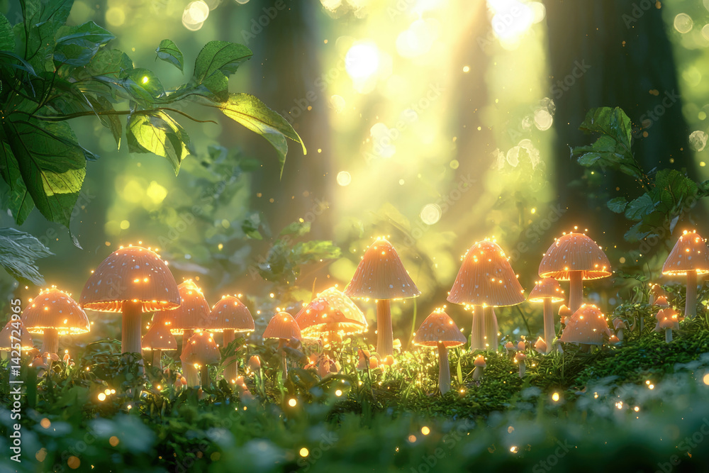 Poster Glowing mushrooms illuminate a magical forest scene at dawn, creating an enchanting atmosphere.