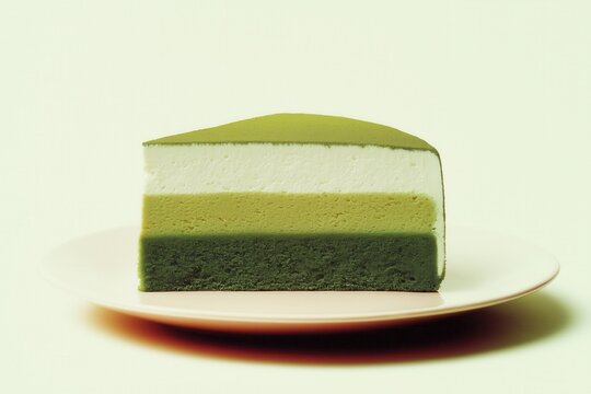Layers of matcha cake displayed elegantly on a plate showcasing its vibrant green and creamy textures