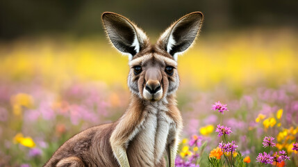 Captivating kangaroo amidst colorful wildflowers in native Australian setting