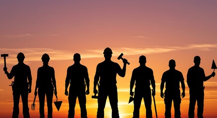 Silhouette of construction workers at sunset symbolizing teamwork and strength